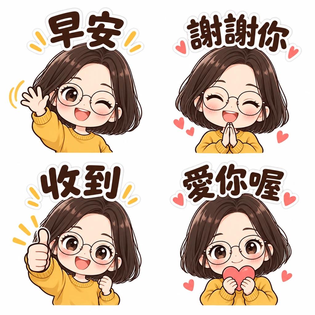人物貼圖範例:戴眼鏡的短髮女孩以揮手、道謝、比讚與愛心動作,搭配早安、謝謝你、收到、愛你喔四句台詞